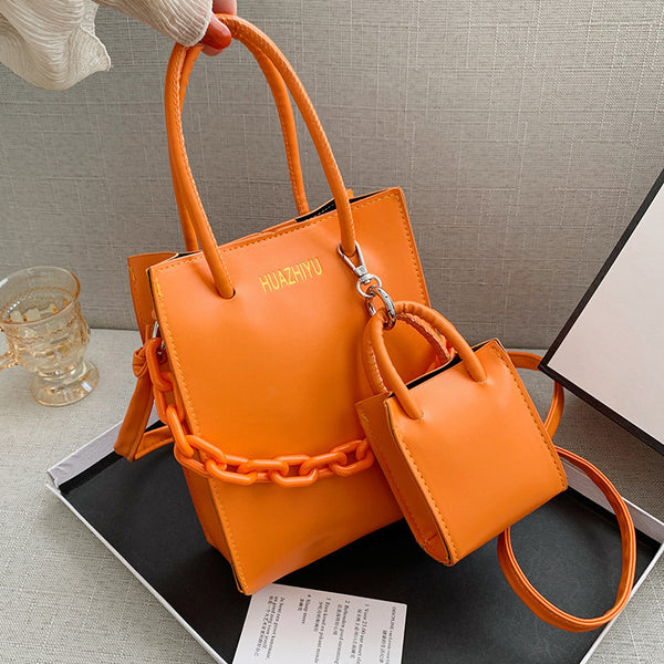 Pu Two-piece Messenger Bag Urban Simple Solid Color Chain Portable