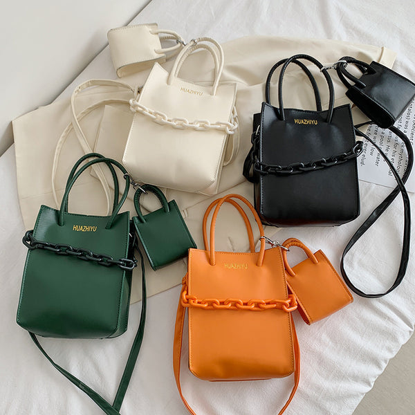 Pu Two-piece Messenger Bag Urban Simple Solid Color Chain Portable